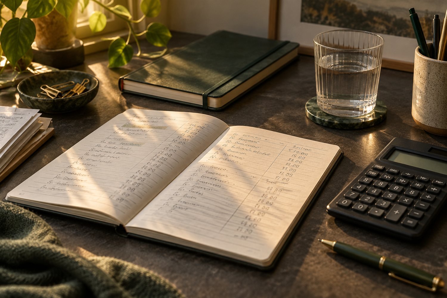Budget notebook, calculator and pen on a desk